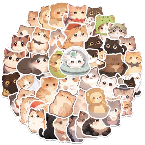 Yuanchu Kawaii Katzen Aufkleber Set, 50 Stück Niedliches Katzen Aufkleber Lustige Cartoon Tier Ästhetik Aufkleber Wasserfest Selbstklebende Vinyl Sticker für Scrapbooking Laptop Tagebücher Skateboard von Yuanchu