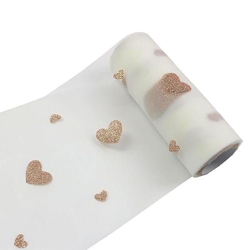 Yuanchuan Tüll-Rollen mit Herz-Glitzer, 15,2 cm x 9,1 m, Weiß, für Tischläufer, Stuhl, Schärpe, Haustier-Tutu, Rock, Nähen, Basteln, Stoff, Hochzeit, Geburtstag, Geschenkband (Love White Gold) von Yuanchuan