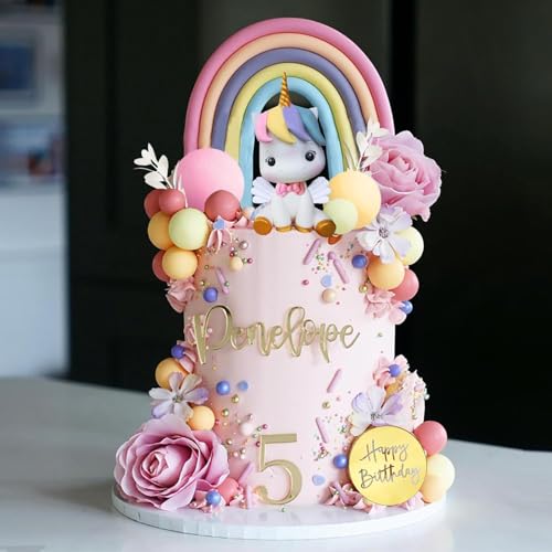 Einhorn-Kuchendekoration, Regenbogen-Kuchendekorationen mit Einhorn-Regenbogen-Blumen, bunte Kugeln, Happy Birthday-Kuchendekoration für Jungen, Mädchen, Kindergeburtstag, Partyzubehör von Yuanjkacenys