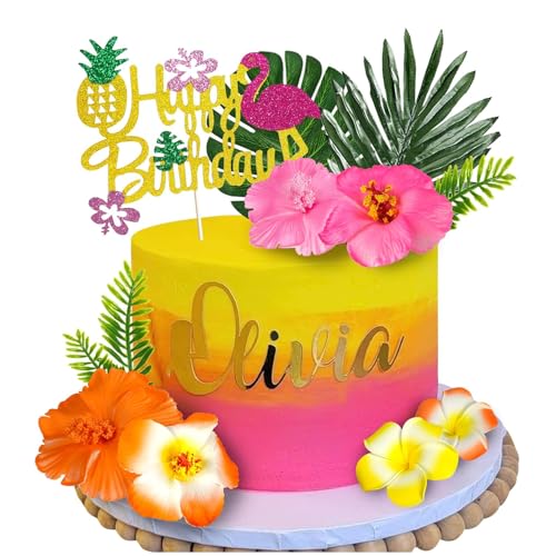 Hawaiianische Blumen-Kuchenaufsätze, Sommer-Kuchendekoration mit Palmblättern und Hibiskusblüten für Hawaii-Aloha-Flamingo-Themenpartyzubehör (Stil 1) von Yuanjkacenys