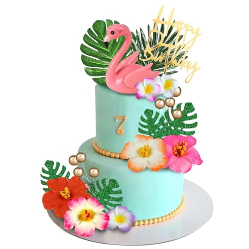 Hawaiianische Blumen-Kuchenaufsätze, Sommer-Kuchendekoration mit Palmblättern und Hibiskusblüten für Hawaii-Aloha-Flamingo-Themenpartyzubehör (Stil 2) von Yuanjkacenys