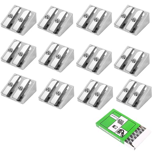 Yuannee Doppelloch Bleistiftspitzer,12 PCS Bleistiftspitzer Anspitzer Klein Handheld Metal Bleistiftspitzer Silber Bleistiftspitzer Keilförmiger Spitzer Für Normalstarke Und Dicke Stifte von Yuannee