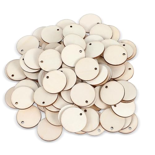 Yuannee Holzscheiben mit Loch,200 PCS Holzscheiben 2.5CM Holzscheiben Klein Geschenkanhänger Unvollendete Natur Holz Rund Holz Scheiben Hölzerne Runde Holzspäne für DIY Handwerk von Yuannee