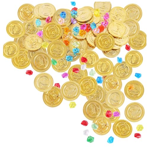 Yuannee Piratenschatz Goldmünzen Set,50 PCS Edelsteine für Kinder und 50 PCS Goldmünzen Piratenschatz Kindergeburtstag für Kinder Piratenparty Mitgebsel,Schatzsuche Kindergeburtstag von Yuannee