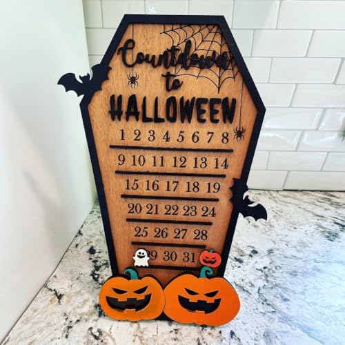 Halloween-Adventskalender aus Holz für Heimdekoration mit interaktivem Kürbis-Design, 30 x 13 cm, schwarzer Countdown-Kalender für gruselige Jahreszeit von Yuanpgky