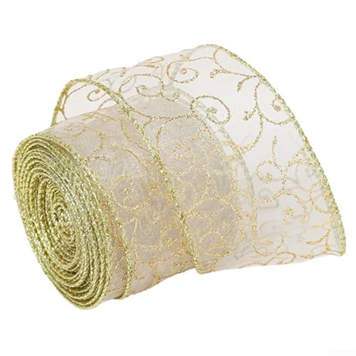 Organzaband mit Draht und goldenem Wirbel-Design und metallischem Rand, 6,3 cm breit, 2 m transparentes Polyester für Weihnachtsschmuck, Verpackung (Gold) von Yuanpgky