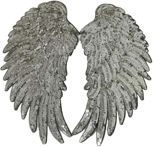 1 Paar Pailletten-Flügel-Applikationen, große Glitzer-Flügel-Aufnäher, Engelsflügel, besticktes Motivbesatz für Kleidung, zum Aufbügeln oder Aufnähen (Silber) von Yuanyifenglin