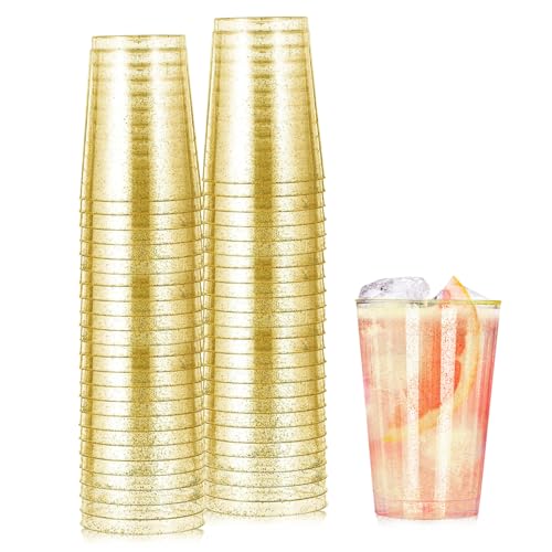 Yuedefly 50 Stück glitzernde goldene Hartplastik-Partybecher, Premium-Gold-Partybecher, wiederverwendbare Becher für Getränke, Cocktail, Dessert, Wein, Champagner, Hochzeit, Geburtstage, Partys von Yuedefly