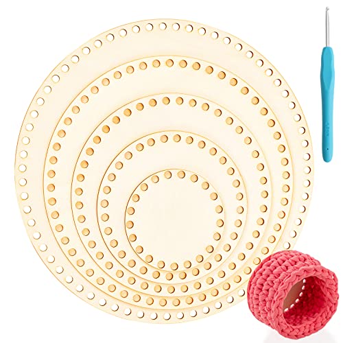 5 Größen Naturholzkorbboden Natural Wood Basket Base Peddigrohr Boden Circle Blank Crochet Basket Wood Base mit 1PCS Crochet Hook, Round Basket Base mit Loch für DIY Korb Weben Crochet Supplies von Yuehuabao