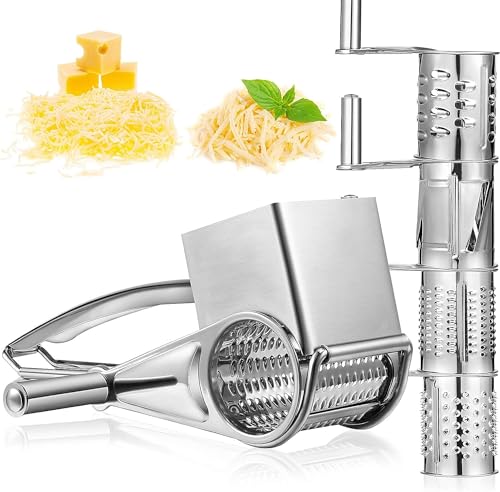 Rotierende Käsereibe Edelstahl Handkäsereibe Gemüseschredder Kuttermühle mit 4 Trommelklingen Multireibe für Käse, Gemüse, Karotten, Kartoffeln Rotierende Käsereibe Edelstahl Handkäsereibe Gemüseschredder Kuttermühle mit 4 Trommelklingen Multireibe für Käse, Gemüse, Karotten, Kartoffeln von Yuehuamech