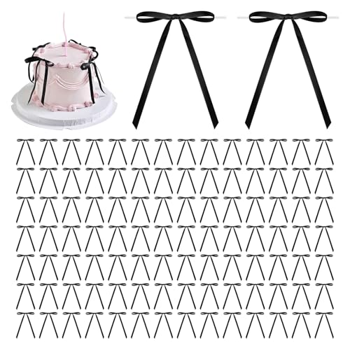 100 Stück schwarze Schleifen, Kuchendekoration, Satinband-Schleifen mit gedrehter Schleife, Kuchendekorationen für Kokette, Geburtstagsparty, Babyparty, Verlobung, Junggesellinnenabschied, Hochzeit von Yugada