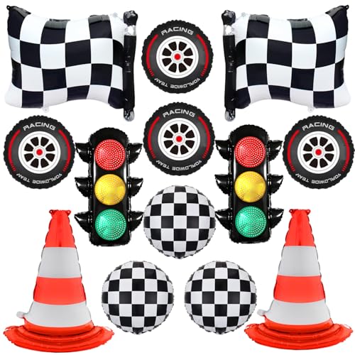 16 Stück Rennwagen-Geburtstagsballons, Rennwagen-Geburtstagsparty-Dekorationen, Ampel-Ballonkegel, weiß karierte Folienballons für Rennjungen, Geburtstagsparty-Zubehör von Yukiner