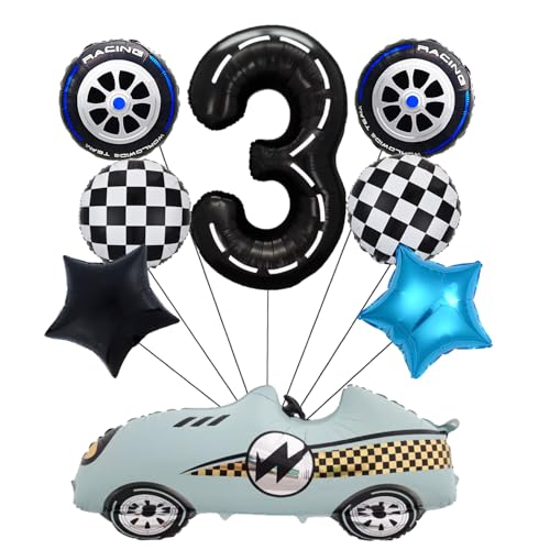 8 Stück Rennauto-Luftballons, Fahrer-Geburtstagsdekorationen, Räder, Ballon, 101,6 cm, schwarze Zahlen-Folienballon, blaue Formel, Rennparty-Zubehör, Rennparty-Requisiten (3. Geburtstag) von Yukiner