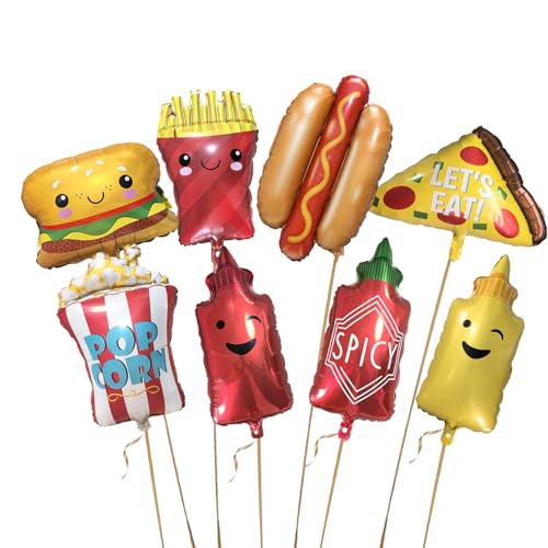 Picknick-Party-Dekoration, Pommes Frites, Hamburger, Hot Dogs, Pizza-Foto-Requisiten, Fast Food-Aluminiumfolien-Ballons, Grill-Requisiten, Luftballons (Gelb, 8 Stück) von Yukiner