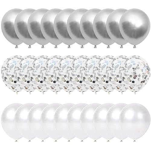 60pcs 12Inches Sliver and White Balloons Set, 20 Metallic Silver Balloons, 20 Silver Confetti Balloons, 20 White Latex Balloons Helium Balloons Wedding Balloons Anniversary Silver Wedding Decorations von Yukiyi