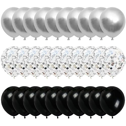 60 Stück 30.5 cm Schwarz Weiß und Silber Luftballons Set - Konfetti und Latex Ballons für Hochzeitstag, Geburtstag und Party Dekorationen von Yukiyi