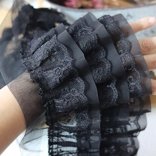 Yulakes 1 Meter weiß schwarz drei Schichten 3D Plissiertes Netzgewebe Chiffon Stoff Organza Spitze Band bestickt Rüschen Spitze Besatz DIY Kleid Bekleidung Kragen Nähdekor 12 cm breit (schwarz) von Yulakes