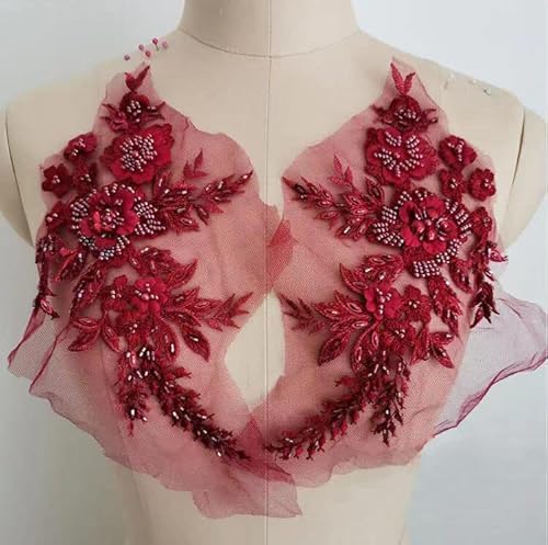 Yulakes 1pcs Pailletten Luxury Beaded Blumenstickerei Applikation, Sew On Patch Embroidered Lace Spitzenausschnitt,Spitzenapplikation Patch für DIY Ausschnitt Hochzeit Brautkleid (Rotwein) von Yulakes