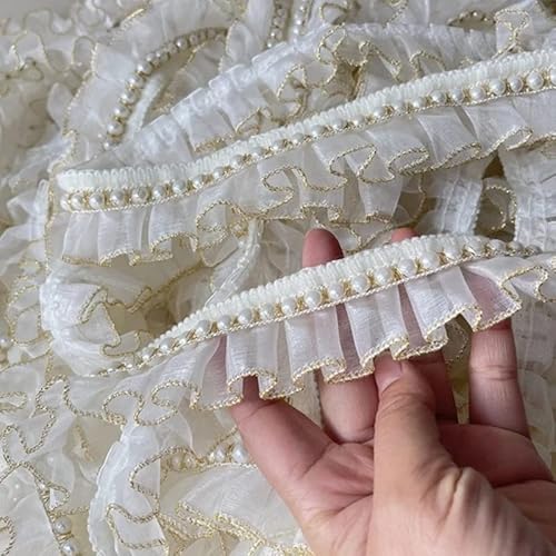 Yulakes 2,7 m Organza-Tüll-Stoff, Rüschen, Perlen, Fransen, Perlen, Chiffon, besticktes Spitzenband, Handarbeit, Rüschen, Spitzenbesatz, goldene Kanten, Kleidung, DIY-Handwerk, 4 cm breit von Yulakes