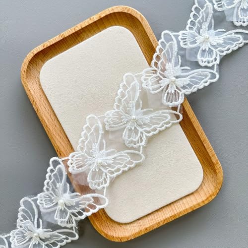Yulakes 2 Yards 26PCS Organza Strass Schmetterling Spitzenband gestickte Perle Spitze Trim Blume Applikation Trimmings Band Stoff Brautkleid Nähen von Yulakes