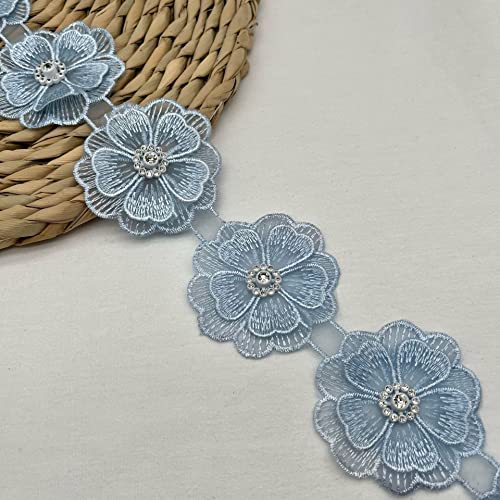 Yulakes 2 Yards 3D Blumen Spitzenbesatz exquisite bestickte Applikation Patches Stoff Gold Perle Perlen Spitzenband Spitzenborte für DIY Nähen Handwerk (Blau) von Yulakes