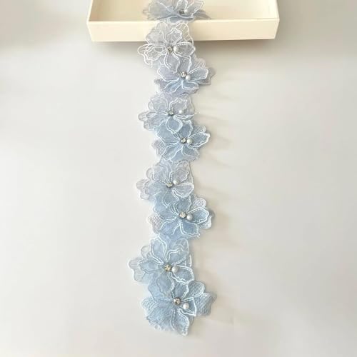 Yulakes 2 Yards 3D Perlen Blumen bestickte Spitzenborte Spitzenband Spitzenbordüre, Floral Applique gestickter Spitzenstoff für Nähen DIY Handwerk 7cm (Blau) von Yulakes