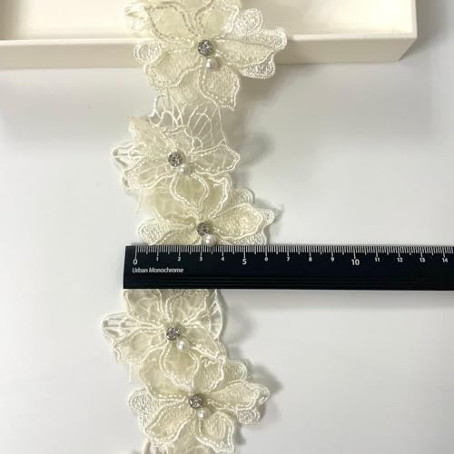 Yulakes 2 Yards 3D Perlen Blumen bestickte Spitzenborte Spitzenband Spitzenbordüre, Floral Applique gestickter Spitzenstoff für Nähen DIY Handwerk 7cm (Gelb) von Yulakes