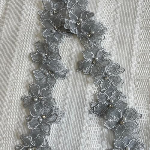 Yulakes 2 Yards 3D Perlen Blumen bestickte Spitzenborte Spitzenband Spitzenbordüre, Floral Applique gestickter Spitzenstoff für Nähen DIY Handwerk 7cm (Grau) von Yulakes