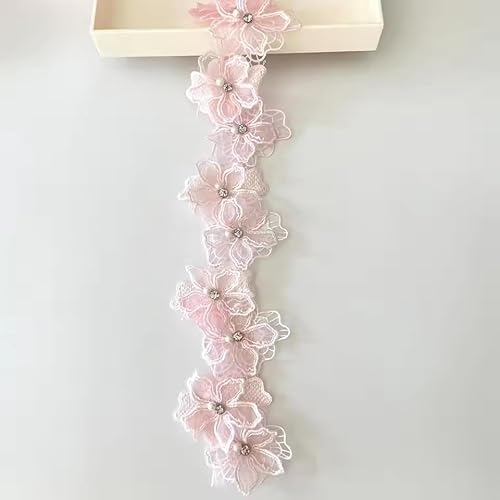 Yulakes 2 Yards 3D Perlen Blumen bestickte Spitzenborte Spitzenband Spitzenbordüre, Floral Applique gestickter Spitzenstoff für Nähen DIY Handwerk 7cm (Rosa) von Yulakes