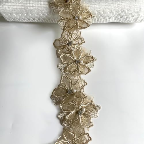 Yulakes 2 Yards 3D Perlen Blumen bestickte Spitzenborte Spitzenband Spitzenbordüre, Floral Applique gestickter Spitzenstoff für Nähen DIY Handwerk 8cm (Braun) von Yulakes