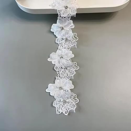 Yulakes 2 Yards 3D Perlen Blumen bestickte Spitzenborte Spitzenband Spitzenbordüre, Floral Applique gestickter Spitzenstoff für Nähen DIY Handwerk 8cm (Weiß) von Yulakes