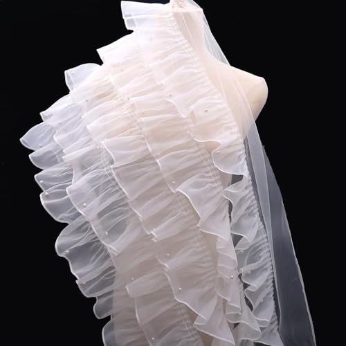 Yulakes 2 Yards Ruffle Spitze Trim Perlen Spitzenborte 5-Layer Pleated Tüll Band Spitzenband für Hochzeitsdekor, Brauthandwerk, Kostüm Nähen 39cm Breite (Weiß) von Yulakes
