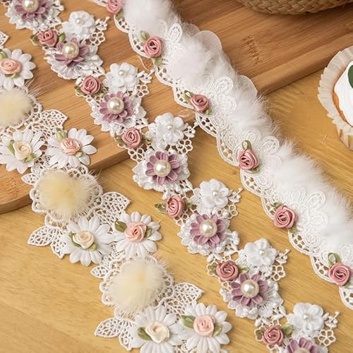 Yulakes 2 Yards Spitzenband Spitzenborte Spitzenbordüre Perlenapplikation Spitze Zierband Blume Borte Weiß 3D Blumenstickerei Spitzenstoff für Hochzeitsdeko Kleidertasche DIY Nähzubehör (5CM) von Yulakes