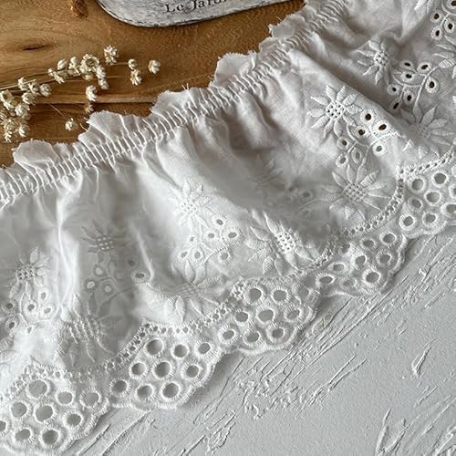 Yulakes 2Yards Sonnenblume Ruffled Eyelet Stickerei Baumwolle spitzenband plizierte Spitze Band Stoff Trim Rand für Nähen Braut, Baby Kleidung, Decken, Kissen, Ruffled (weiß) von Yulakes