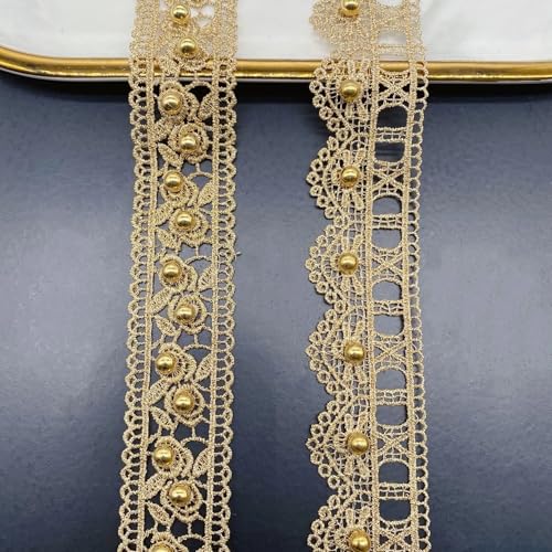 Yulakes 3 Yards Gold Spitze Band mit Perlen, Gold Spitze Trim Band für Handwerk, Goldene Perlen Rand zum Nähen, Dekorative DIY, Kleider, Kleider, Hochzeiten3cm ﻿ (3.3CM) von Yulakes