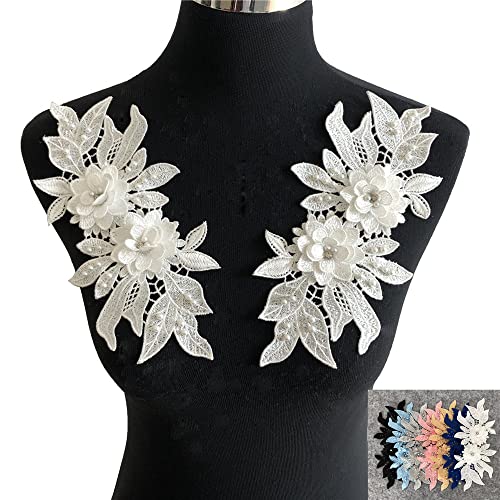 Yulakes 3D Stickerei Perlen Spitze Applikation,Gestickte Spitze Ausschnitt Blumen Strass Tüll Besatz Besetzter ,Spitzenapplikation Blumenstickerei Patch für DIY Ausschnitt Hochzeit Brautkleid (White) von Yulakes