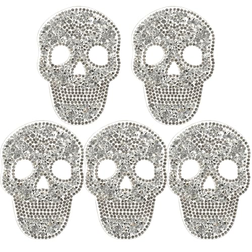 Yulakes 5 Stück Strass Schädel Skull Patches zum Aufbügeln Aufnäher Aufbügler Aufkleber Bügelflicken Applikationen zum Aufnähen Kleidung Kinder Erwachsene DIY Basteln ﻿ (Silber) von Yulakes