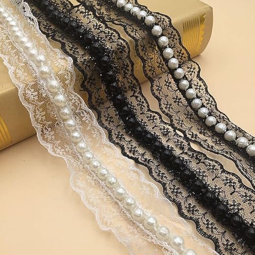 Yulakes 5 Yards Perlenband spitzenband Spitzenbordüre Spitzenband mit Perlen Häkelband Spitze Borte für Nähen Handwerk Hochzeit Deko Scrapbooking Geschenkbox 4cm (Schwarze + weiße Perle) von Yulakes