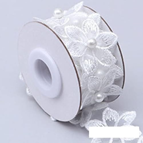 Yulakes 5 Yards Polyester Perlen Blumen bestickte Spitzenborte Spitzenband Spitzenbordüre Stoff, Spitze Blume Borte Nähzubehör Basteldekoration DIY handgefertigte (weiß) von Yulakes