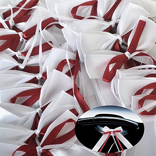 Yulakes 50pcs Weiss & Bordeaux Autoschleifen aus Satin Hochzeit Antennenschleifen Dekoration für Hochzeit,Hochzeit Deko, Weiss Autoschmuck Autoschleifen 12x22cm von Yulakes