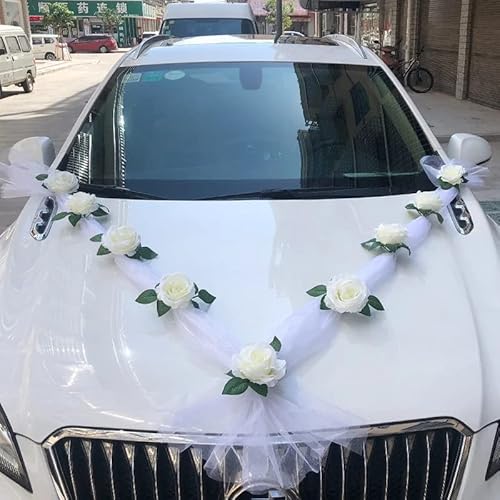 Yulakes Auto Schmuck Organza Braut Paar Rose Deko Dekoration Autoschmuck Autodeko Auto Blumenschmuck Hochzeit Car Auto Wedding Deko Girlande Hochzeitsschmuck Hochzeitsauto Deko (weiß) von Yulakes