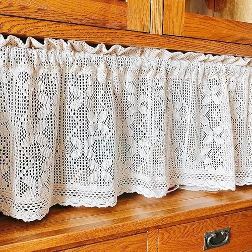 Yulakes Scheibengardine Kurzgardine, Cáfe Vorhänge, Kurze Vorhänge Fenster, Leinen Scheibengardine,Landhausstil Hohl Blumen-Stickerei Muster Gardine, Vintage Spitze Bistrogardine ﻿ (H45 x B90 cm) von Yulakes