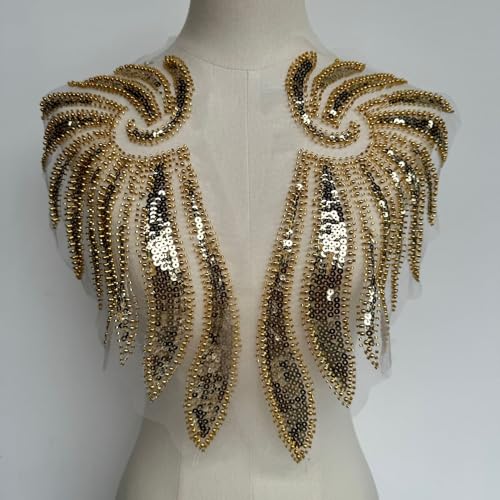 Yulakes Stickerei Spitze Applikation Patch Gold Pailletten Spitze Ausschnitt Kragen Hochzeit edles Kleid Nähen DIY Brautkleid Dekoration Kleidung Zubehör (Gold) von Yulakes