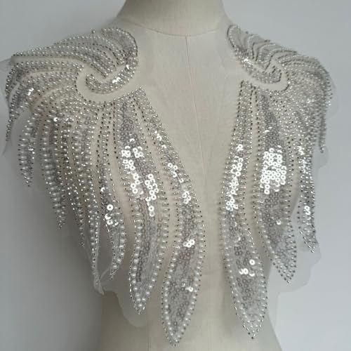 Yulakes Stickerei Spitze Applikation Patch Gold Pailletten Spitze Ausschnitt Kragen Hochzeit edles Kleid Nähen DIY Brautkleid Dekoration Kleidung Zubehör (Sliver) von Yulakes