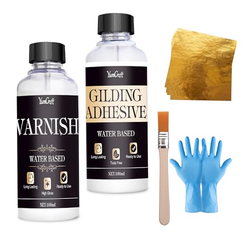 Blattgold Kleber Set, 100ml Kleber und 100ml Schutzlack and 100 Stück Blattgold, 1 Pinsel, Blattgold Vergoldungs Kleber Set zum Basteln, Malen, Professionellen Bastelgebrauch und Malerei(Wasserbasis) von YumCraft