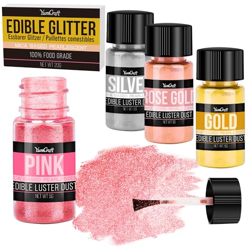 Essbarer Glitzer Spray für Getränke - 4 Farben Lebensmittel Glitzerpulve für Likör, Cocktails, Dekorieren Torten - Geschmacklos Glitzer Pulver Glitzerstaub für Sekt, Wein, Champagner(5g/Flasche) von YumCraft