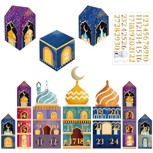 30pcs Ramadankalender zum Befüllen, Ramadankalender zum Basteln Ramadan Geschenktüten Papiertüten Candytüten Kraftpapiertüten mit Aufkleber und Golddruck zum Dekorieren von YumSur