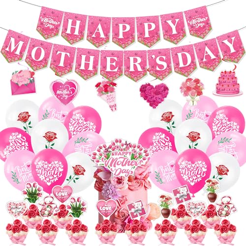 Muttertagsdekorationsset Happy Mother's Day Banner Best MOM EVER Luftballons Cake Topper Muttertag Party Supplies Muttertag Party Dekorationen von YumSur