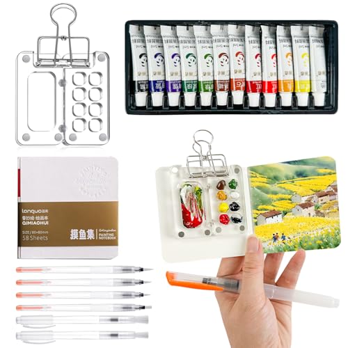 Reise Mini Palette, Aquarell Reise Set, tragbares Mini-Aquarell-Paletten Set Mini Watercolor Paint Set Wood Aquarell Skizzenbuch Maler Clips für Maler, Künstler, Studenten von YumSur