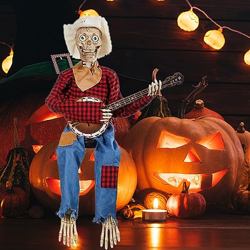 YumSur Halloween Animierte Banjo-Skelette Mit Aktivierter, Halloween-Glühender Schädel Gitarren Harz Ornament, Halloween Herbst Innendekor Halloween Deko Totenkopf Deko (01) von YumSur